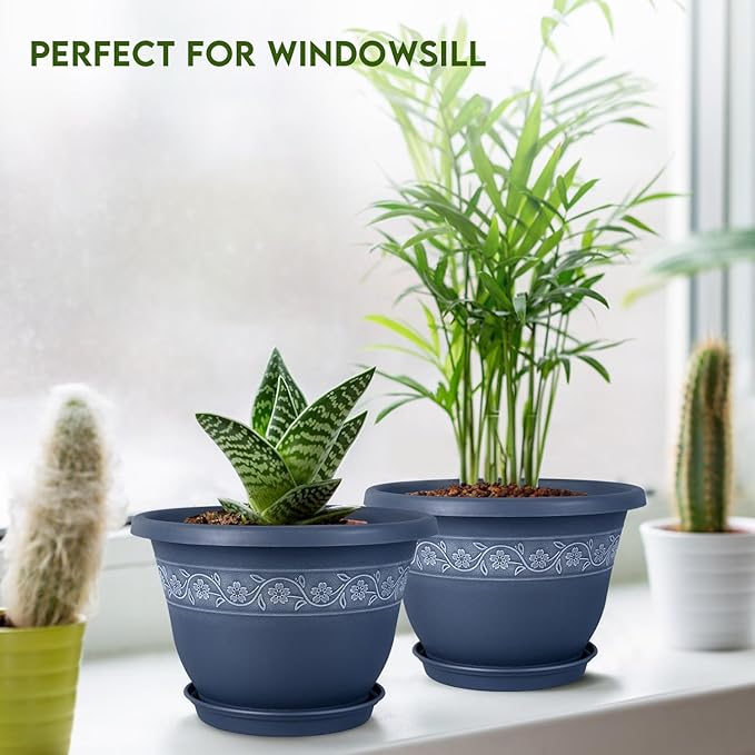 10 Inch Plant Pots with Drainage Hole - Lightweight Flower Pots for Herbs and Flowers - Home Decor Plastic Planters for Indoor Outdoor Plants- Pack of 4 (Blue, 10 inch)