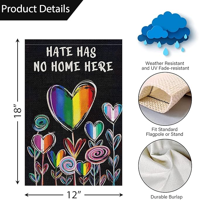 Hate Has No Home Here Pride Garden Flag 12x18 Double Sided Burlap, Small Rainbow Love Heart Gay Lesbian LGBT Pansexual Yard Sign Banner for Pride Month Porch Outdoor Decor