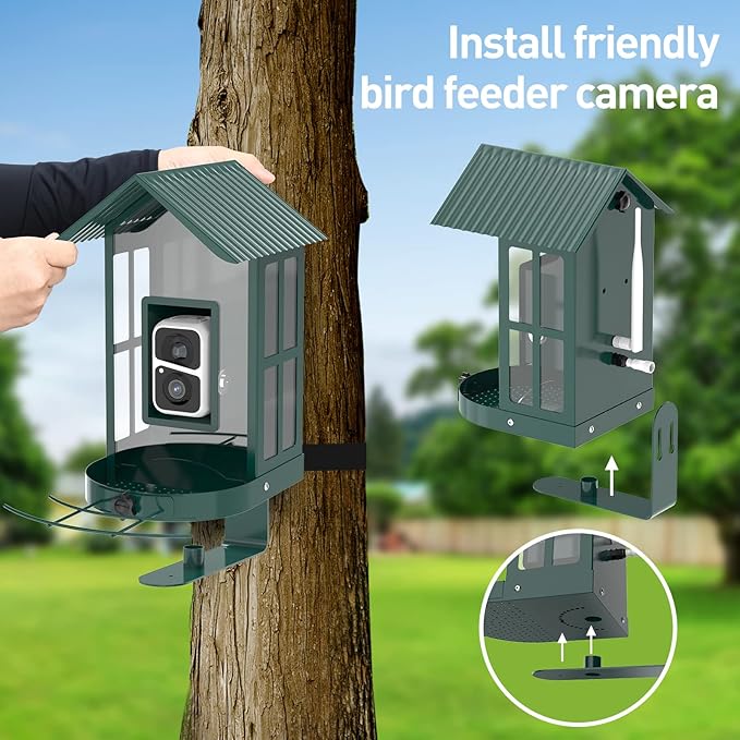 Soliom- Bird Feeder with Camera, 5W Solar Powered, AI Identify Species, Smart Wild Bird Watching, 2K Live View, Instant Arrival Alerts,Large 2.7L Seed Capacity, Metal Squirrel Chew-Proof - BF08 Green