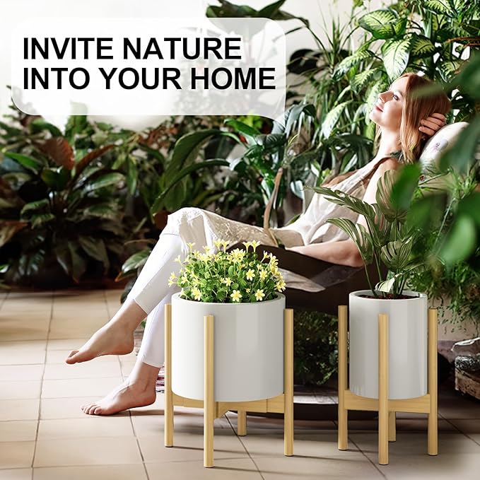 MUDEELA 2 Pack Adjustable Plant Stand Indoor, Bamboo Plant Stand 8 to 12 Inches, Single Floor Plant Stand for Indoor Plants, Natural Planter Stand for Indoor Plants, Pot Plant Not Included