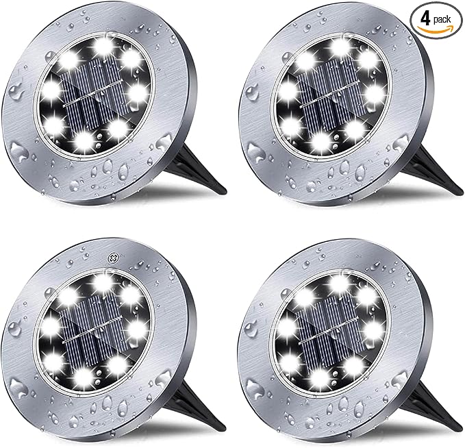 Solar Ground Lights, 4 Pack 8 LED White Solar Pathway Lights, Waterproof, Modern, Outdoor, In-Ground, Garden, Path, Deck, Lawn, Patio, Walkway