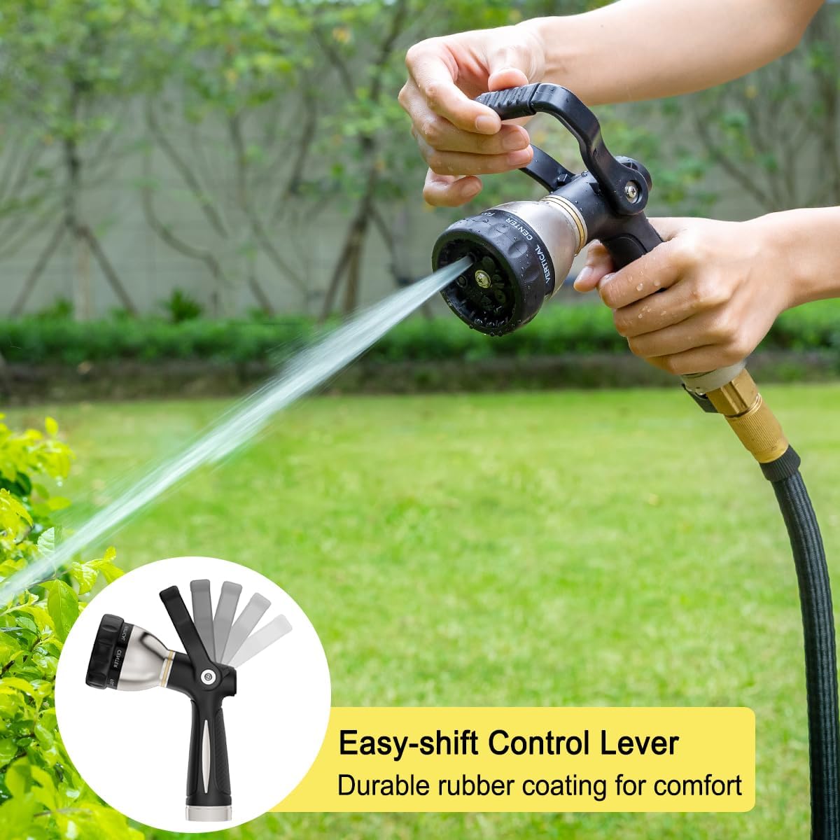 FANHAO Heavy Duty Fireman's Hose Nozzle, Metal Water Nozzle with 8 Spray Patterns，High Pressure Garden Hose Sprayer with Lever Control and Non-Slip Grip to Water Lawns & Plants, Wash Cars & Clean