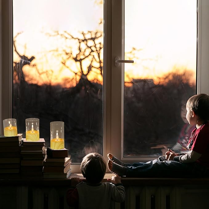 Battery Operated Candles with 6H Timer, 3 Pack Glass LED Flikcering Flameless Candles, Clear Pillar Candles with 3D Flame for Spring Wedding Home Bedroom Decor(Set of 3)