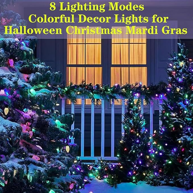Solar Mardi Gras Lights, Yellow Green Purple Decor Lights, 100 LEDs 8 Modes Waterproof Solar Outdoor C6 Strawberry Garden Lights for Mardi Gras, Camping, Holiday, Arbor, Fence, Balcony Decorations