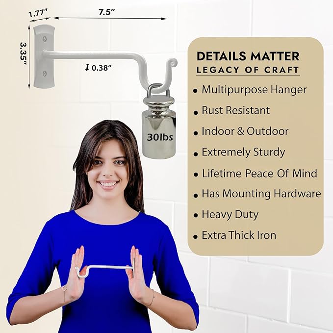 RTZEN Plant Hangers Outdoor or Indoor - Wrought Iron Metal Hanger Indoor Hook - Heavy Duty Wall Bracket Hooks for Hanging Plants Baskets Lanterns Wind Chimes - 2 Pack (White Shepherds Hooks)