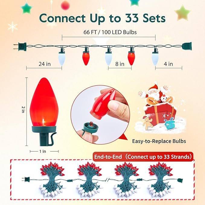 Brightown C9 Christmas Lights Outdoor Waterproof, 66ft Vintage Lights String with 100 Smooth Opaque Bulbs, Plug-in Waterproof Roofline Lights String for Outside Patio Christmas Holiday Decor