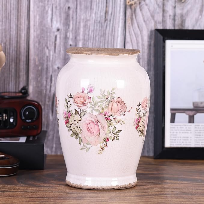 Vintage Vase for Flowers,Pink Chinoiserie Ceramic Vase,Rustic Farmhouse Cracked Vases,for Flower Arrangement,Living Room, Office, Shelf, Fireplace Tables,Centerpieces,Chinoiserie Pottery Decor(A)