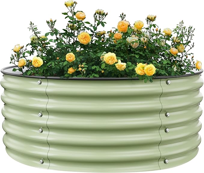 Round Raised Garden Bed Kit, 3.5x3.5x1.4Ft Outdoor Zinc-Aluminum-Magnesium Metal Flower Beds Stainless Steel Patio Ground Planter for Planting Vegetables (Light Green)