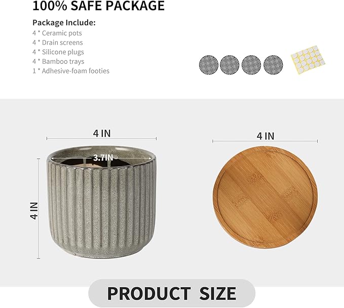 OMAYKEY 4 Inch Ceramic Plant Pot with Saucer, Creative Stripe Grey-Green Small Planters Pots with Drainage Hole and Mesh Pads for Succulent, Cactus, Herbs - Set of 4