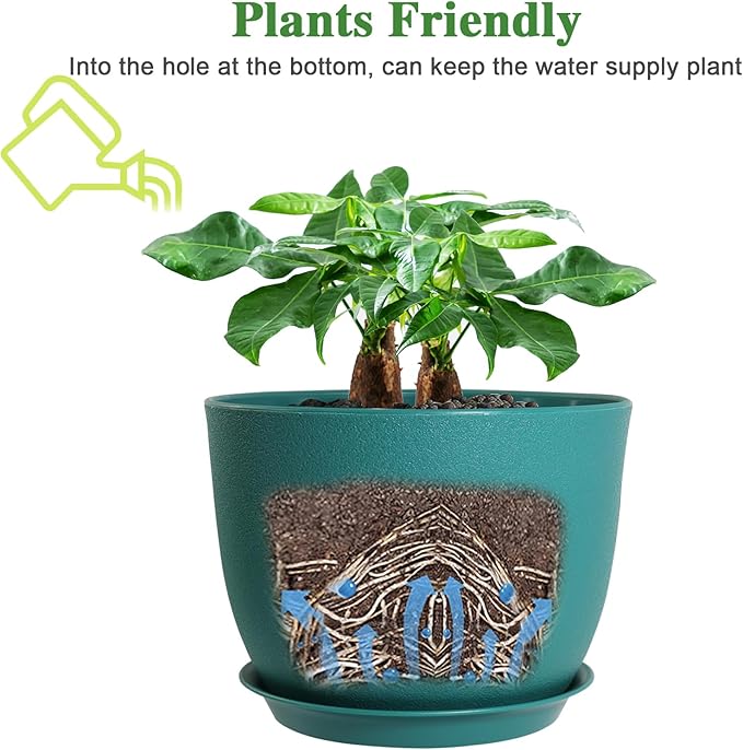 12/10/9 Large Modern Plant Pots, Plastic Planters with Drainage Holes and Saucers for Indoor Outdoor Plants Flowers, Malachite Green