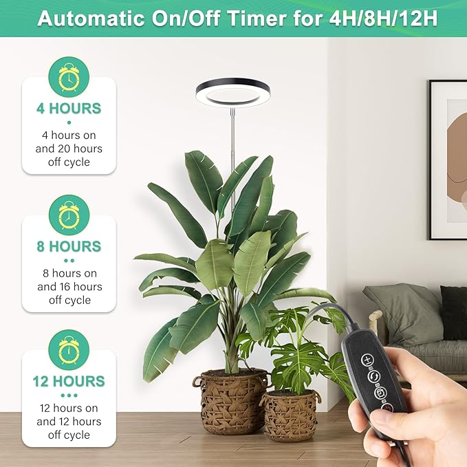 LORDEM 10" Full Spectrum Grow Light, 160 LEDs Plant Lamp for Indoor Plants, Grow Lamp with 4/8/12H Auto Timer, 10 Dimmable Levels, 3 Spectrum Modes, 61" Height Adjustable, Ideal for Large Tall Plants