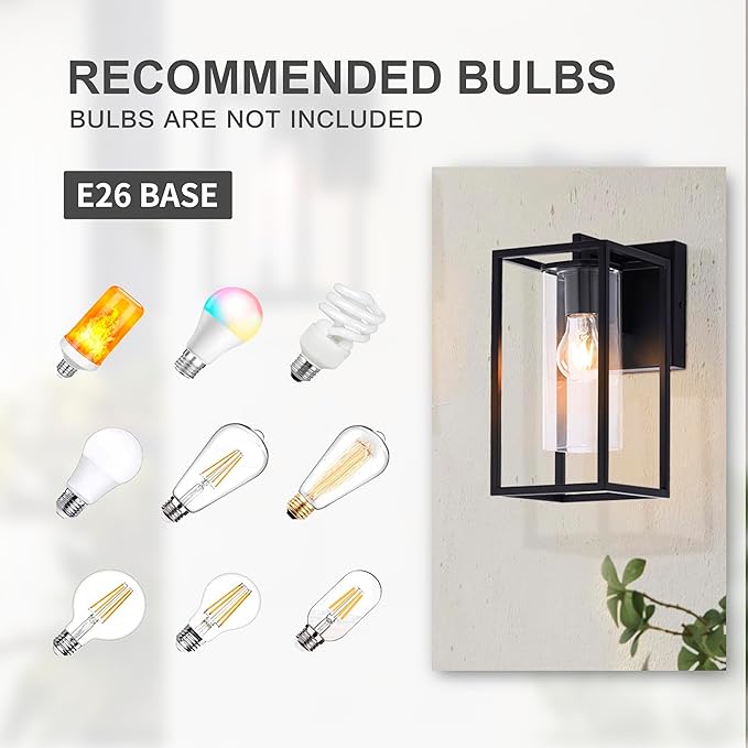 Pia Ricco Outdoor Wall Lights, Black Outdoor Wall Lantern with Square Clear Glass Shade, Waterproof Exterior Lighting Fixtures, Modern Front Porch Lighting for House, Garage, E26 Base, ETL Listed