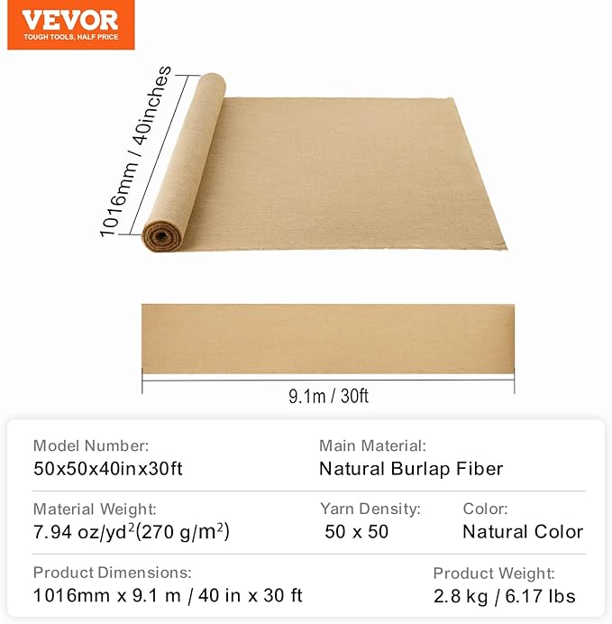VEVOR Burlap Fabric Roll, 40” x 30 ft High Density Natural Jute Fiber Material for Outdoor Plant Care, Tree Wrap Roll, Decor, DIY Crafts, Wedding, Garden Weed Barrier, Plant & Tree Winter Covering