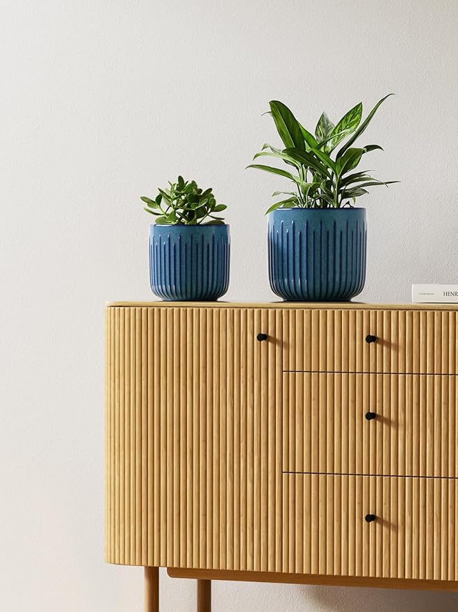 LE TAUCI Ceramic Pots for Plants, 8.3+6.9+5.7 inch Plant Pots Indoor, Flower Pots with Drainage Holes, Medium Cylinder Planters Pot for Indoor House Plants, Set of 3, Glaze Ocean Blue