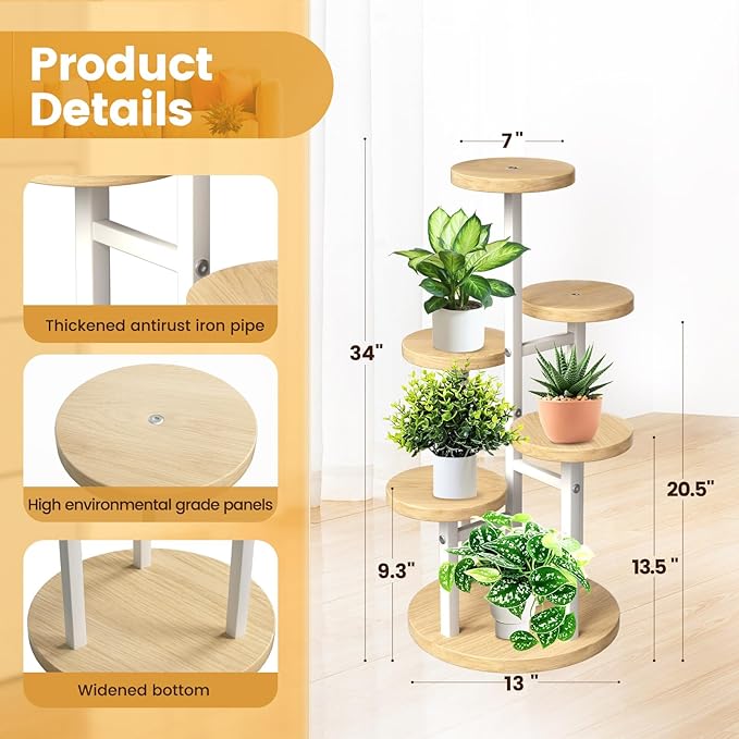GEEBOBO 5 Tier Plant Stand Indoor, Metal Wood Plant Stands For Indoor Plants Multiple, Corner Tiered Flower Plants Shelf Stand for Living Room Bedroom, White