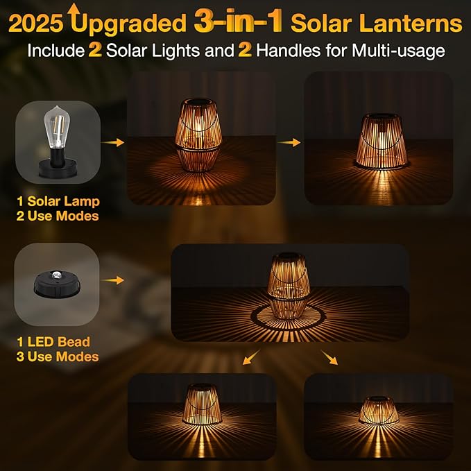 Uspring 3-in-1 Solar Lanterns Outdoor Waterproof Rattan Woven Hanging Solar Lights for Outside with Bright Lamp & LED Bead & 2 Handles, Garden Gifts Decor for Women Mom Patio Backyard Porch Deck
