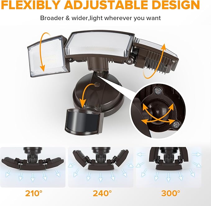 LUTEC 72W 7500LM LED Security Lights Motion Sensor Light Outdoor, 5000K Daylight, IP65 Waterproof, Dusk to Dawn, 3-Head Motion Detected Flood Light for Garage, Yard, Porch(Brown)