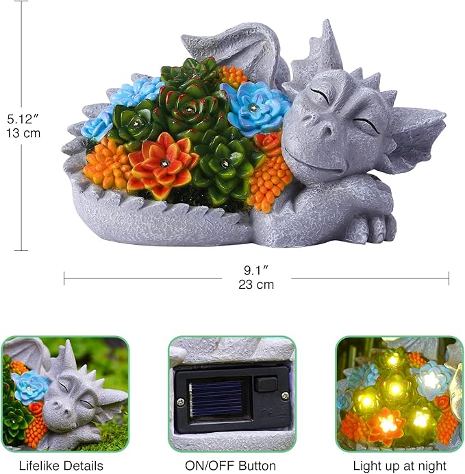 Solar Dragon Statue with Succulent Lights - Dragon Garden Sculptures & Statues，Garden Decor for Outdoor Yard Art Ornaments 9.1inch (Gray)