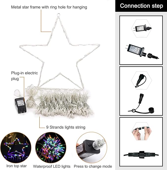 Christmas Decorations Star String Lights, 320 LED Waterfall Tree Lights with 13" Topper Star 8 Lighting Modes Indoor Outdoor Decorative for New Year, Holiday, Wedding, Party (Multicolor)