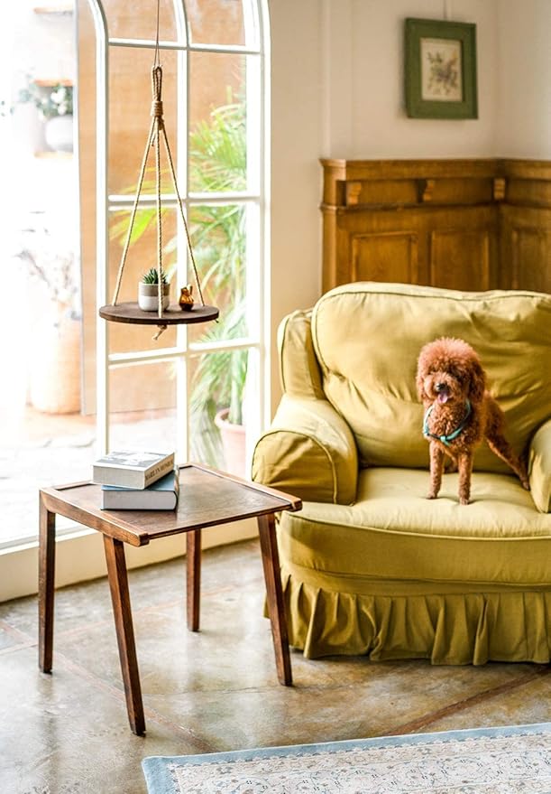 Dahey Hanging Plant Shelf Round Wood Rope Hanging Floating Shelf Vintage Home Decor Display Planter Rack for Living Room Bedroom Kitchen, Dark Brown