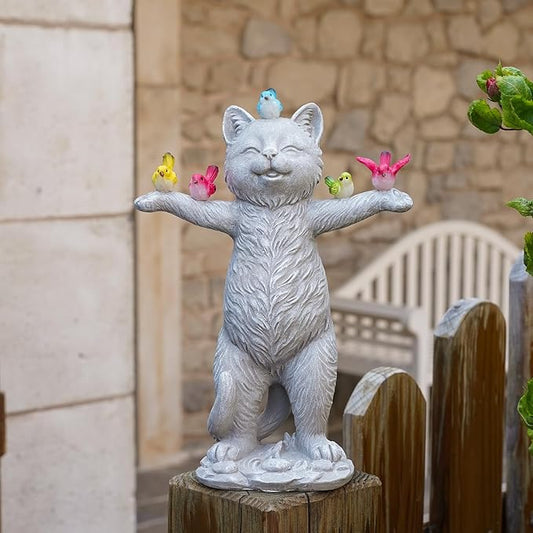 MININOVA Solar Outdoor Decorations Garden Statue Cat Figurines with Birds for Yard Patio Balcony Lawn Outside Ornaments Gifts for Women Mother Kids