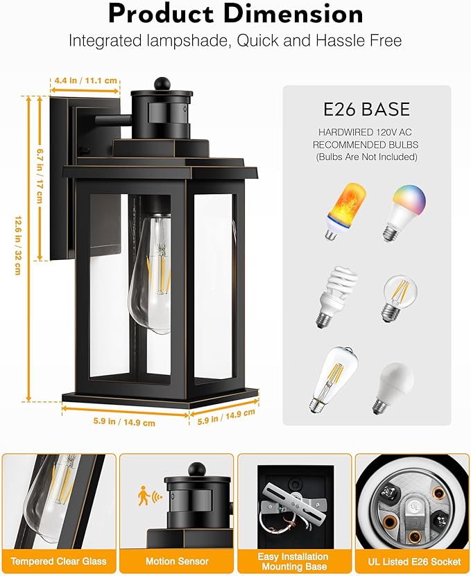 VIANIS Motion Sensor Porch Light, Black Outdoor House Lights Dusk to Dawn, Waterproof Outdoor Light Fixtures Lantern for Garage, Porch, House, Patio, Doorway,Weather Resistant,Hardwired, Non-Solar