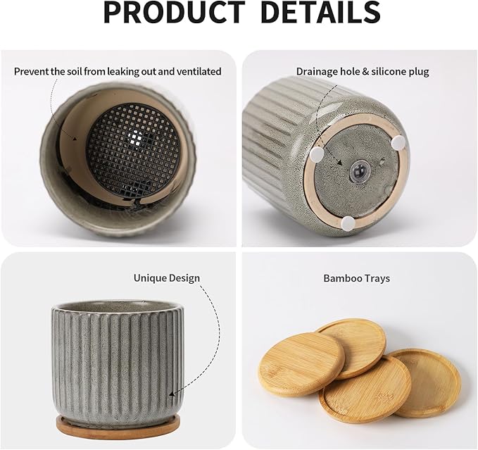 TAMAYKIM 5.25 Inch Ceramic Plant Pots with Drainage Holes and Saucers, Modern Flower Pots with Trays for Indoor Planters, Snake Plant, Succulent, Cactus and Herbs, Set of 4