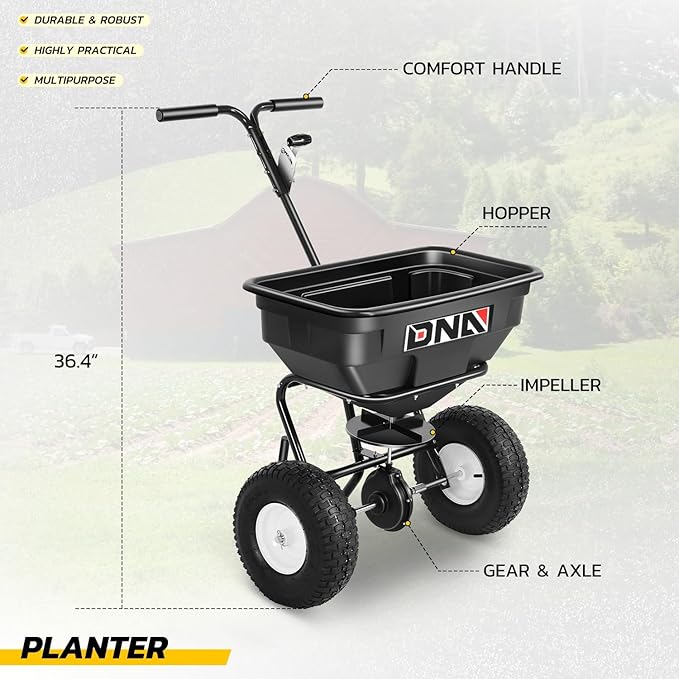 DNA MOTORING Walk Behind Push Broadcast Spreader,125 LB / 60L Capacity, Multi Use Tool for Fertilizer, Grass Seed, Salt, Ice Melt, Lawn and Garden Seeder, with Wheels, TOOLS-00611