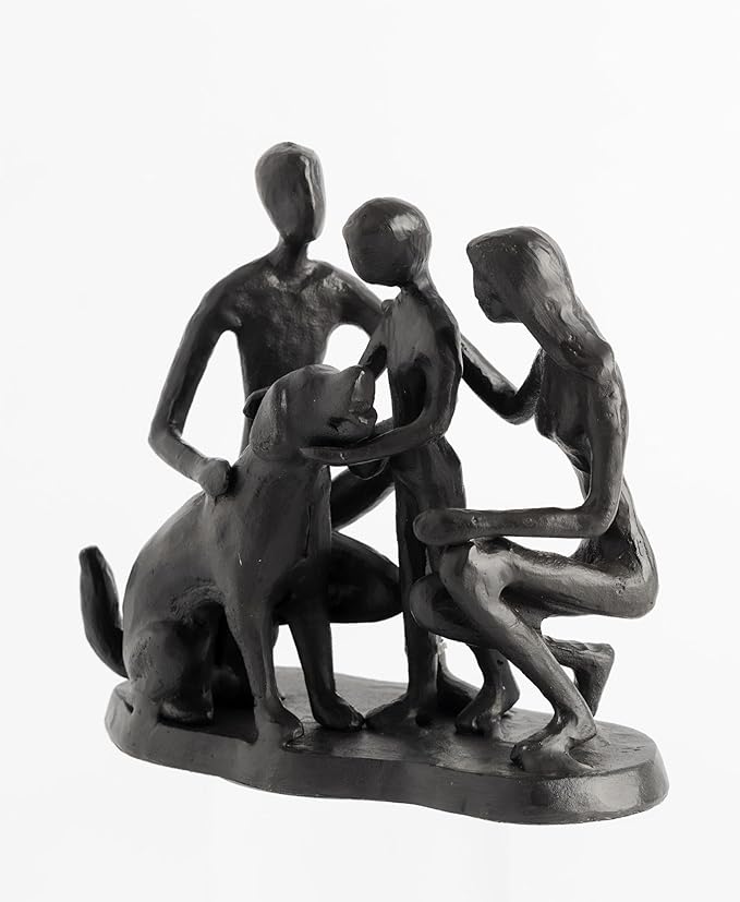 Family and Dog Statues, Cast Iron Family of 3 Figurine, Gift for Dog Lovers,Dog Memorial Gift, Black