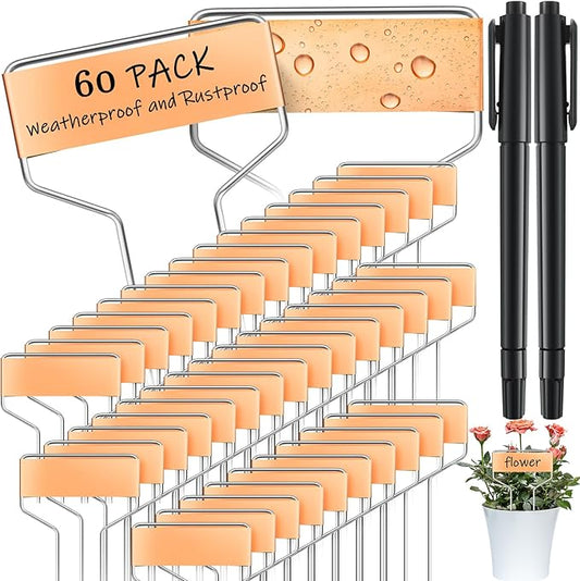Moxweyeni 60 Pcs Metal Garden Tags Plant Labels for Garden Waterproof Plant Markers with 2 Permanent Pen Planting Nursery Garden Tags Reusable Garden Labels Stake for Plants (Copper Color,4 Inch)