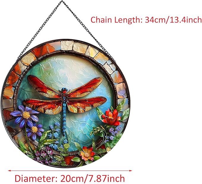 Dragonfly and Flower Suncatcher Stained Glass,Hanging Stained Glass Suncatcher for Windows,20cm/7.87inch Hand-Painted Sun Catcher Garden Hangings Halloween Fall Christmas Decor for Home