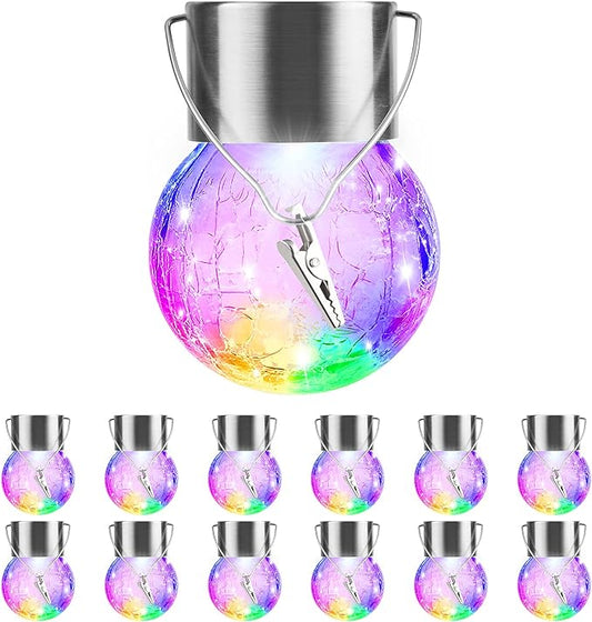 12 Pack Hanging Solar Lights Outdoor Decorative, Waterproof Solar Globe Lantern with Handle and Clip, Solar Powered Cracked Glass Ball Lights for Garden Yard Patio, Fence Tree Umbrella, Holiday Decor