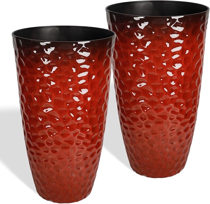 Worth Garden 14" Dia x 24" H Large Plastic Planters with Drainage Hole, Set of 2 Hammered Texture Red Glossy Smooth Finish, Tall Taper Round Decorative Flower Plant Pot for Indoor Outdoor, Front Porch