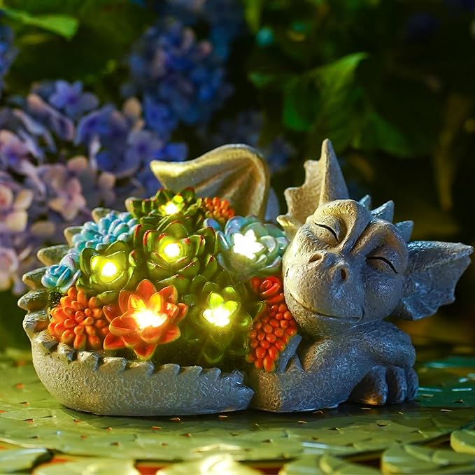 Solar Dragon Statue with Succulent Lights - Dragon Garden Sculptures & Statues，Garden Decor for Outdoor Yard Art Ornaments 9.1inch (Gray)