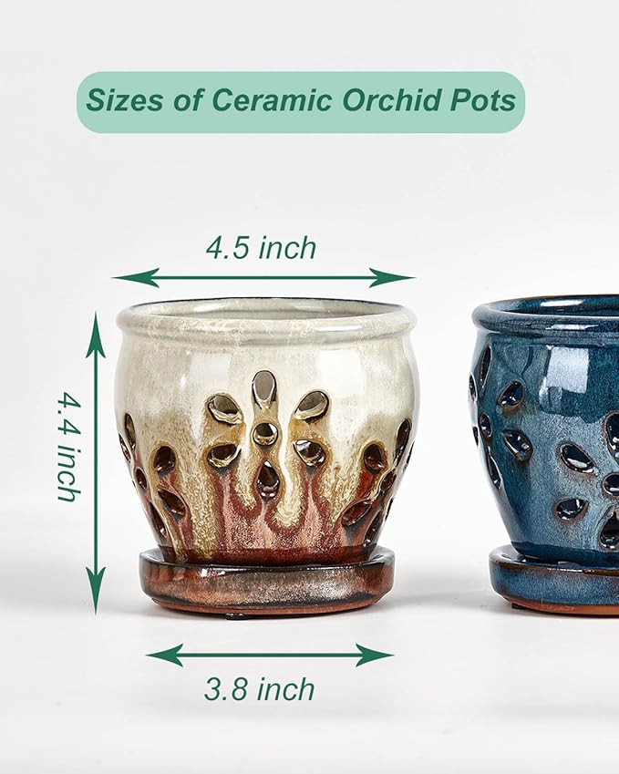 vensovo 4 Inch Ceramic Orchid Pots with Holes and Saucers - 2 Pcs Small Succulent Pot for Repotting, Garden Flowerpots for Plants Indoor and Outdoor Promotes Air Circulation (Blue, Brown Mixed)