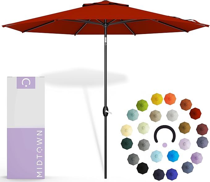 Midtown Umbrellas 10-Year-No-Fade - 6 Ft - UV Proof Red Polyester Fabric - Umbrella Outdoor Patio, Auto-Tilt Aluminum Frame Large Patio Umbrella for Garden, Pool & Deck - Black Pole