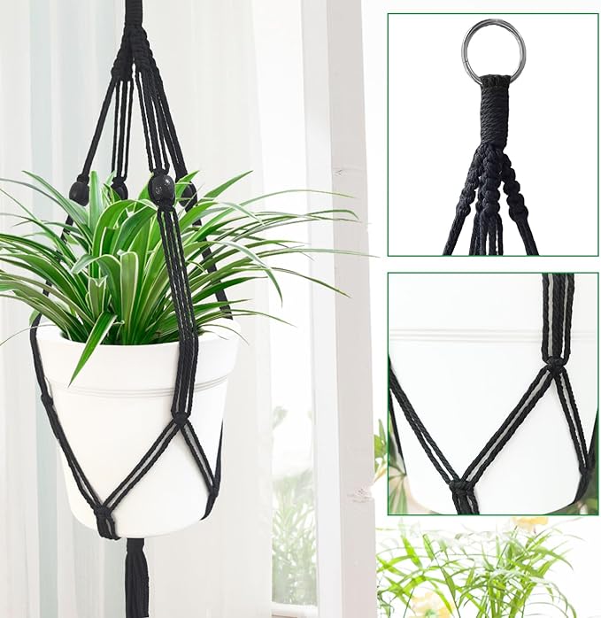 Belit 2 Pack Double Macrame Plant Hangers 2 Tier Hanging Planter Basket Decorative Flower Pot Holder Rope for Indoor Outdoor Home Decor 51 Inch, Black