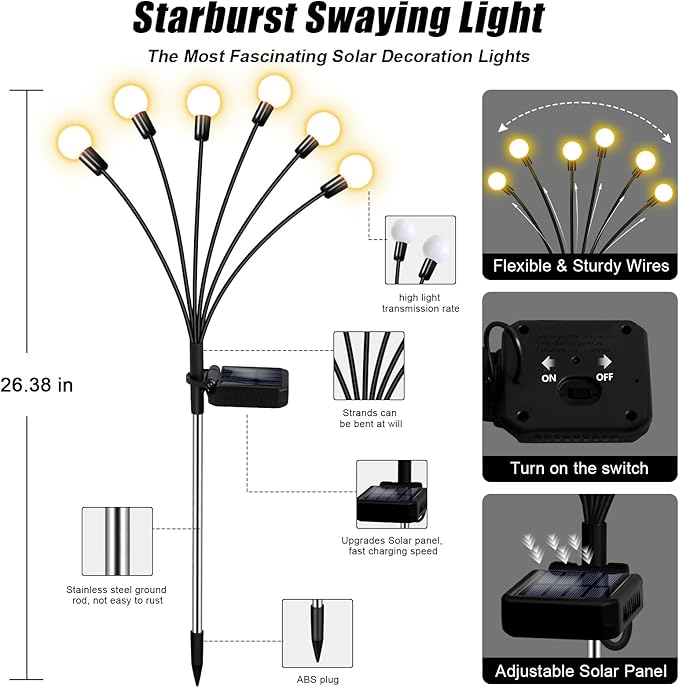 Solar Garden Lights Outdoor, 10 Pack 60LED Waterproof Solar Powered Lights for Yard Pathway Patio, Swaying Lawn Decor as Gardening Gifts for Women Holiday