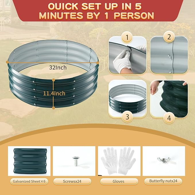 Durable Round Steel Raised Garden Bed Painted for Planting Vegetable/Herbs/Flowers/Trees at Backyard/Garden,or Baby Chicken,Christmas Tree Fence (Dark Green, 32 ins Diameter x 12 ins high)