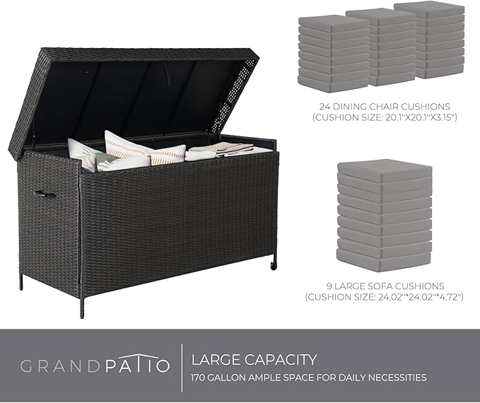 Grand patio 170 Gallon Storage Box, Dark Brown PE Wicker, Minimalist Style, Water Resistant, Flip Top, Smooth Wheels, for Patio Furniture Cushions, Garden Tools, Pool Accessories