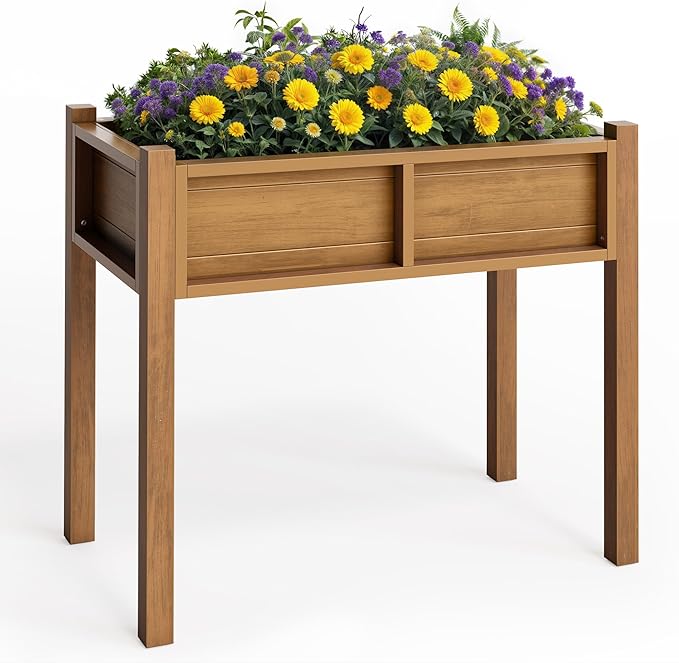 YITAHOME Raised Garden Bed, HIPS Poly Wood Elevated Planter Box with Legs and Drainage Hole, Small Flower Box Stand for Patio Balcony Garden Backyard, Teak