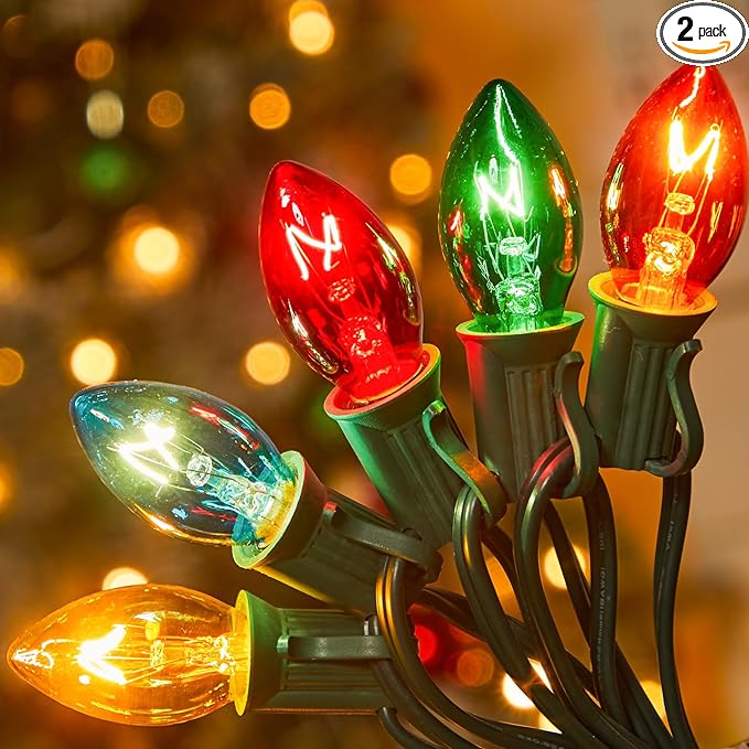 C7 Multicolor Christmas String Lights - 50ft 2 Pack Vintage Christmas Tree Lights, Outdoor Roofline String Lights with 50+2 Spare Bulbs for Patio Garden Holiday Indoor Home Xmas Decoration