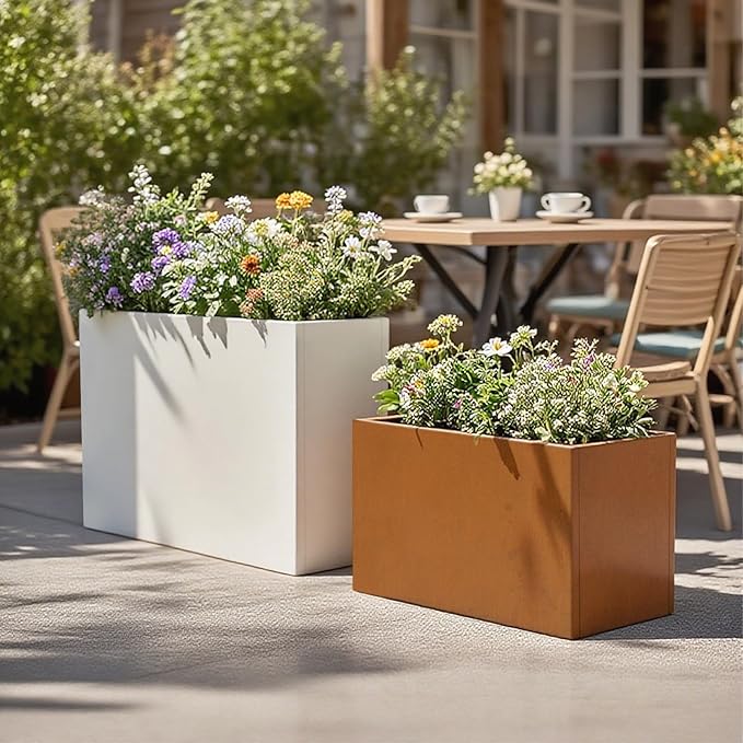 Galvanized Steel Metallic Heavy Planter for Outdoor Plants Metal Outdoor Planter Spliced Flower Box with Partitions for Outside,Indoor,Garden (White, 30 * 12 * 24)