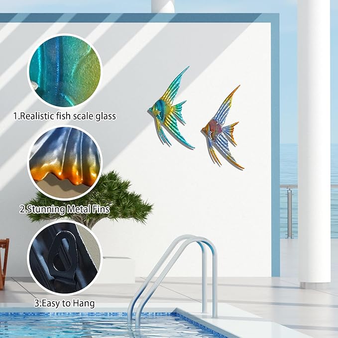 LIFFY Metal Fish Wall art Decor Beach Wall Decor Angelfish Art Sculpture Hanging for Outdoor Ocean Beach Sea Pool Decorations(Pair of Angelfish)