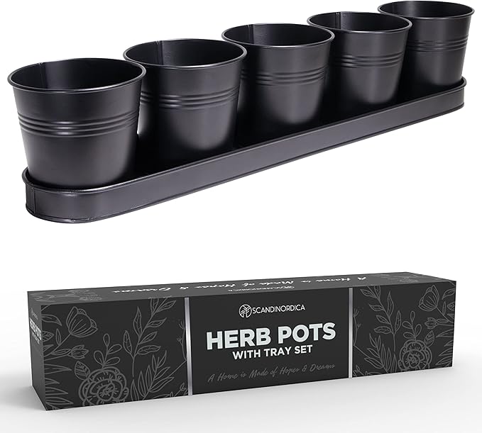 SCANDINORDICA Black Herb Planter – 5 Pots with Drainage Holes and Tray, Windowsill Planter, Herb Pots for Indoor Outdoor Plants | Kitchen & Garden Decor