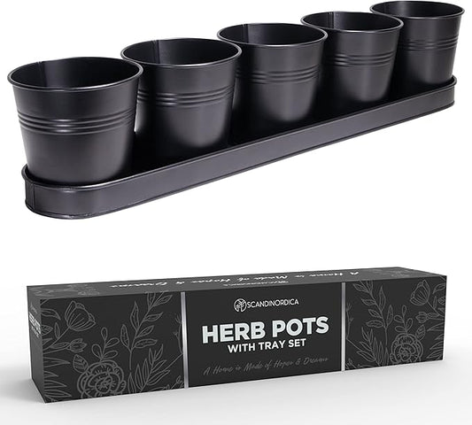 SCANDINORDICA Black Herb Planter – 5 Pots with Drainage Holes and Tray, Windowsill Planter, Herb Pots for Indoor Outdoor Plants | Kitchen & Garden Decor