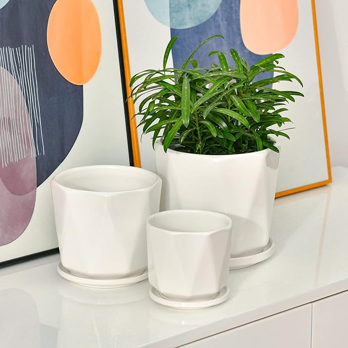 Octagon Ceramic Plant Pots - Indoor White Flower Planter Set with Drainage Holes, 6.7/5.5/4.7 Inch, Modern Decorative Planter Outdoor for Succulents Snakes and Herb