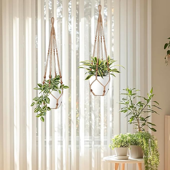 Jute Macrame Plant Hanger Indoor Set of 2 Hanging Planter Basket Flower Pot Holder with Decorative Wood Beads & No Tassels for Indoor Outdoor Boho Home Decor, 35 Inch Brown (Pots Not Included)