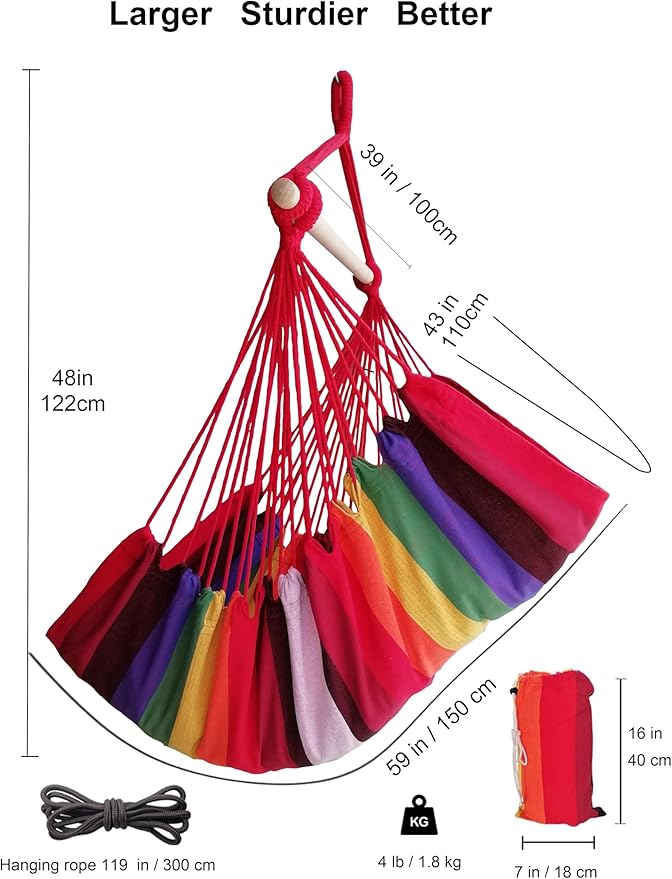 Hammock Chair Large Hammock Swing, 110 x 150cm Load 150kg, Cotton Hammock Chair Metal Spread Bar Wide Seat Swing Chair(red)