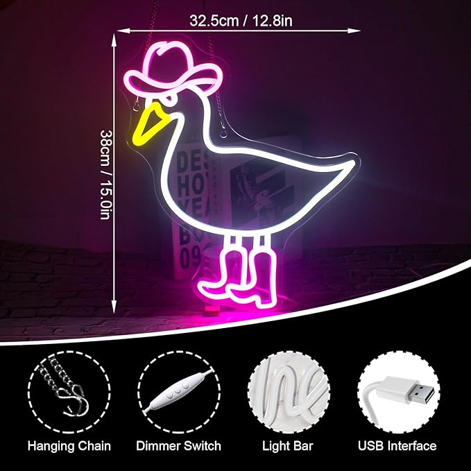 Cowboy Duck Neon Sign,Duck Neon Signs Cowgirl Boots Neon Signs for Wall Decor, USB Connectivity Pink LED Signs for Bedroom Living Room Kids Room Home Bar Birthday Party